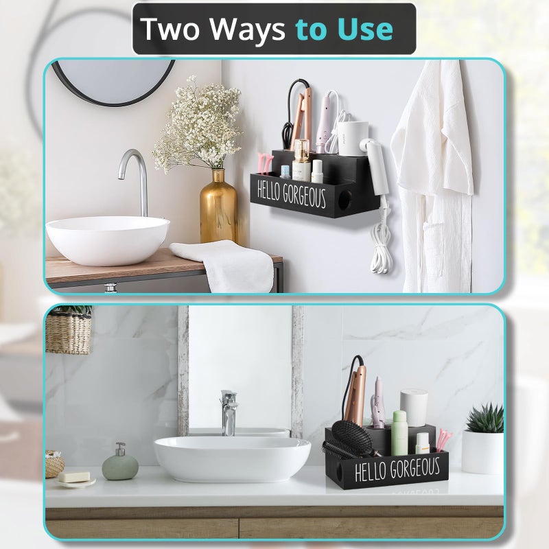 Bivvclaz Hair Tool Organizer Wall Mount  Wooden Hair Dryer Holder Countertop  Hot Tools Organizer for Hair Styling Accessories  Bathroom Supplies Vanity Caddy for Curling Wand  Blow Dryer  Black - Image 5